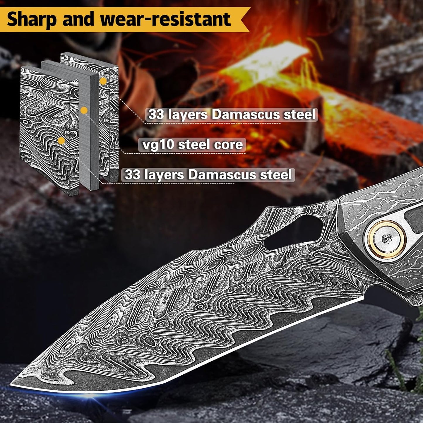 VG10 Damascus Pocket Knife Storm Motif Stabilized Wood Handle