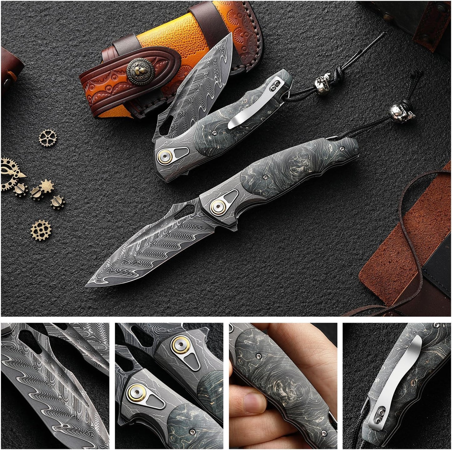 VG10 Damascus Pocket Knife Storm Motif Stabilized Wood Handle
