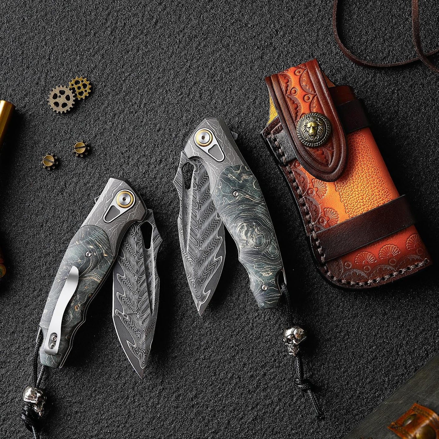 VG10 Damascus Pocket Knife Storm Motif Stabilized Wood Handle