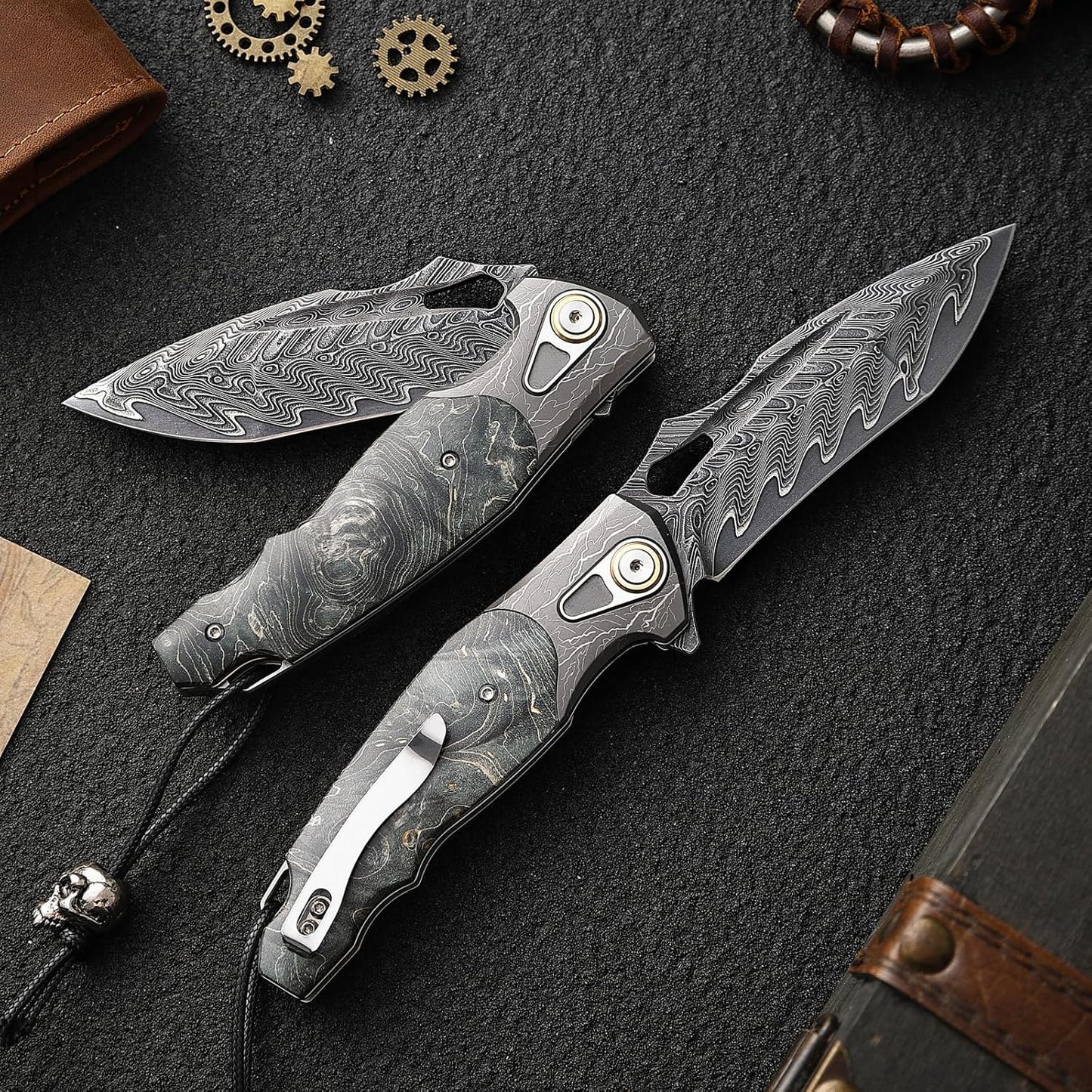 VG10 Damascus Pocket Knife Storm Motif Stabilized Wood Handle