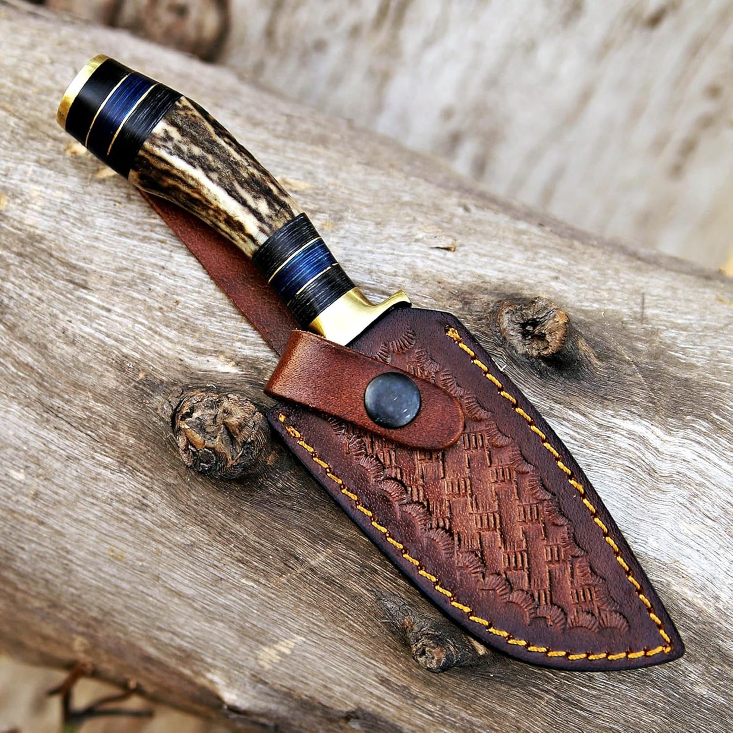Small 4"Damascus Hunting Knife Antler Horn Handle