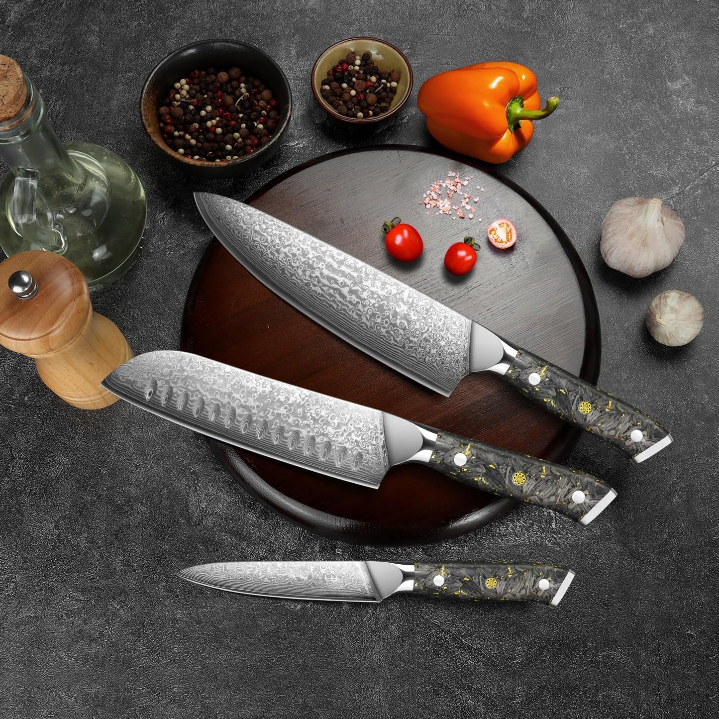 Set of 3 Chef Knives Engraved Damascus 8" Knife Gold Foil Handle