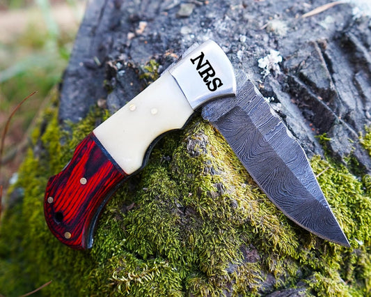 Bone & Pakka Wood Handle 6.5" Damascus Pocket Knife