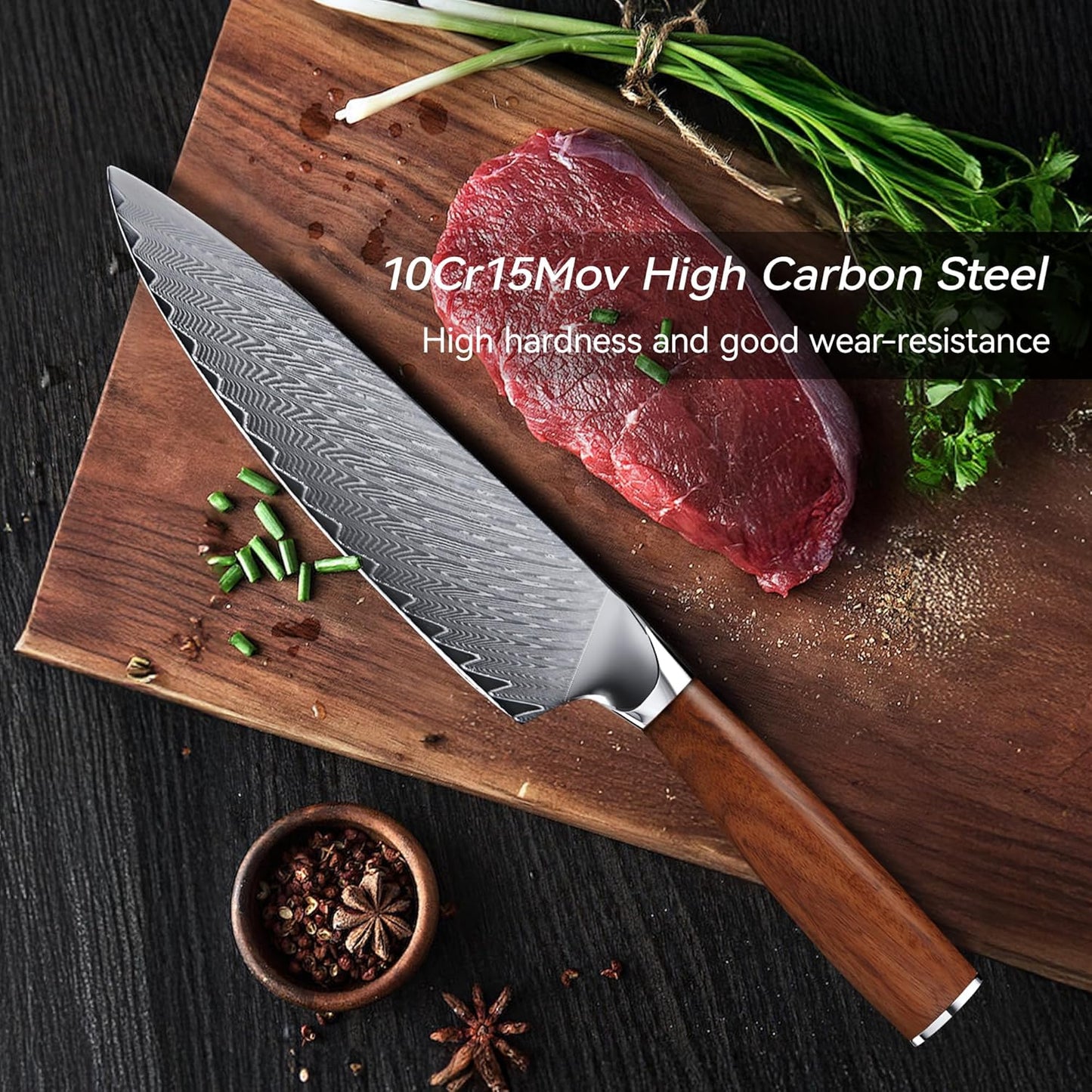 8" Engraved Chef Knife Damascus Chef Pakka Wood Handle