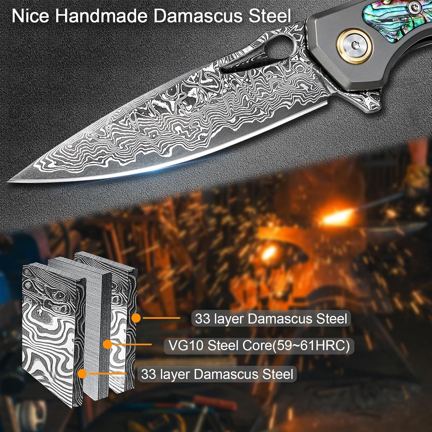 Maple Wood Inlay 3.46" Damascus Pocket Knife