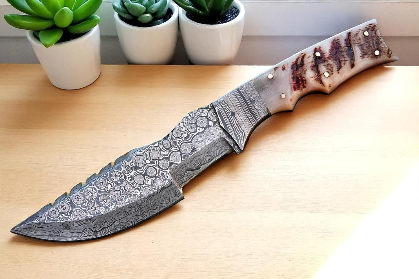 Ram Horn Handle 10" Damascus Hunting Knife