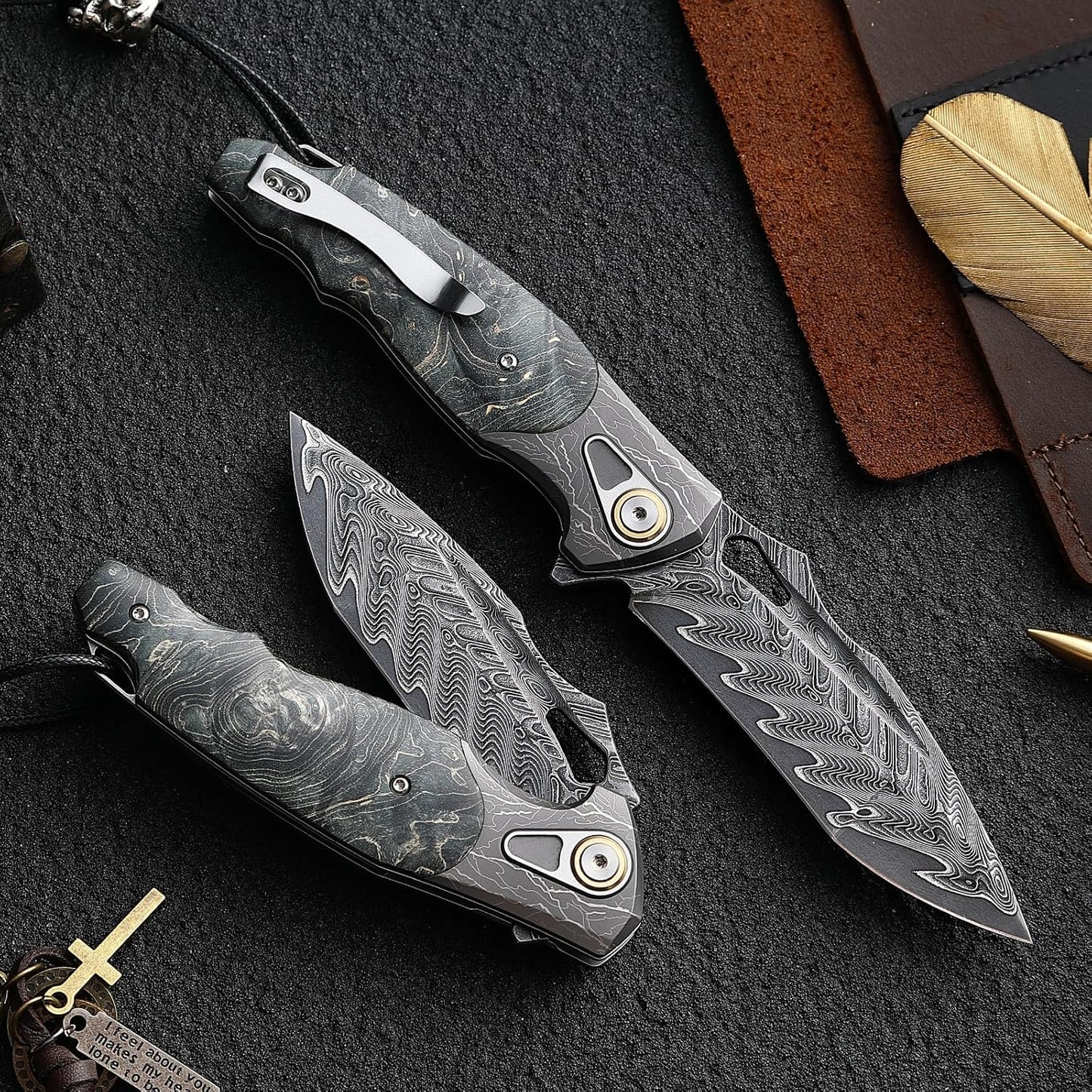 VG10 Damascus Pocket Knife Storm Motif Stabilized Wood Handle