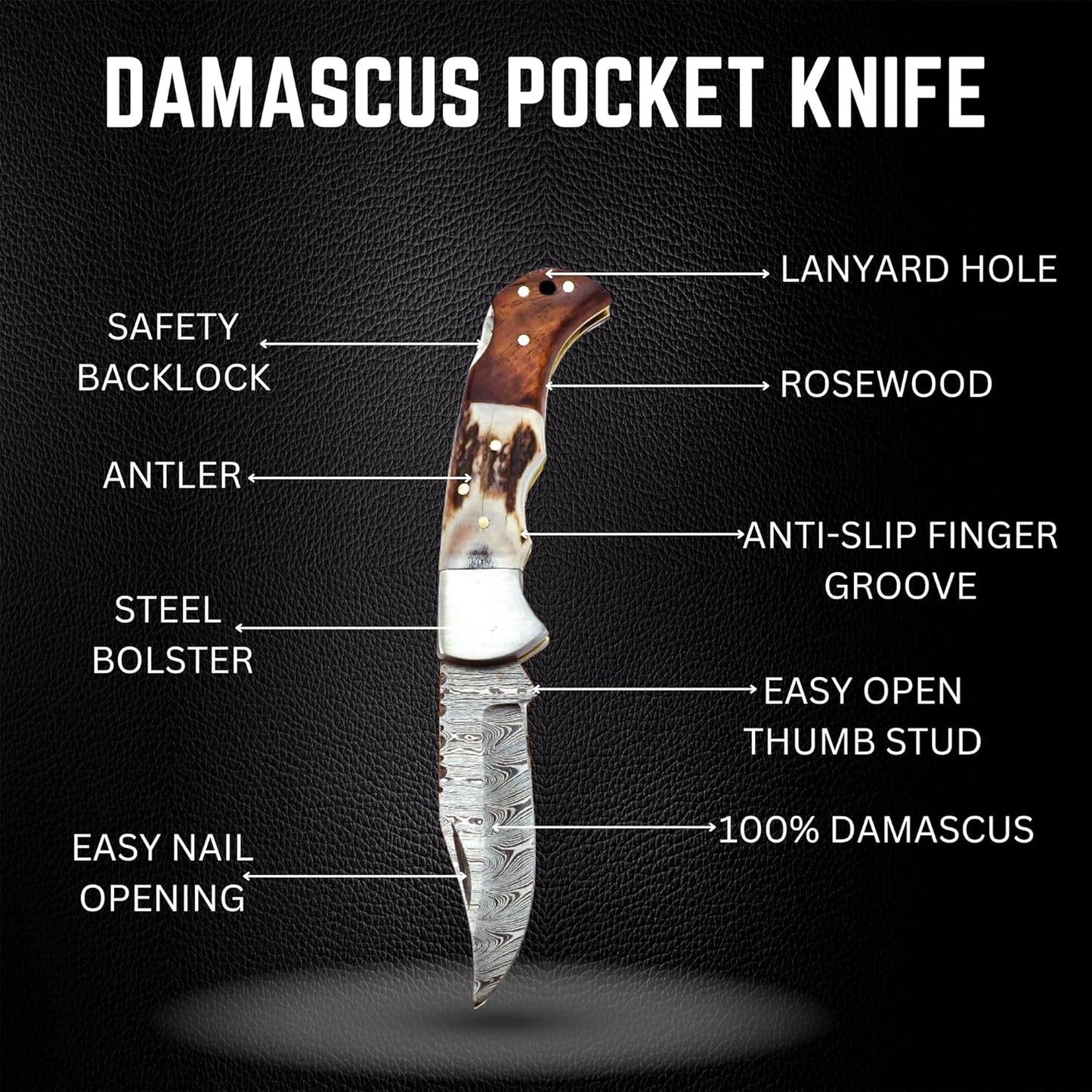 Deer Antler & Rosewood Handle 6.5" Damascus Pocket Knife