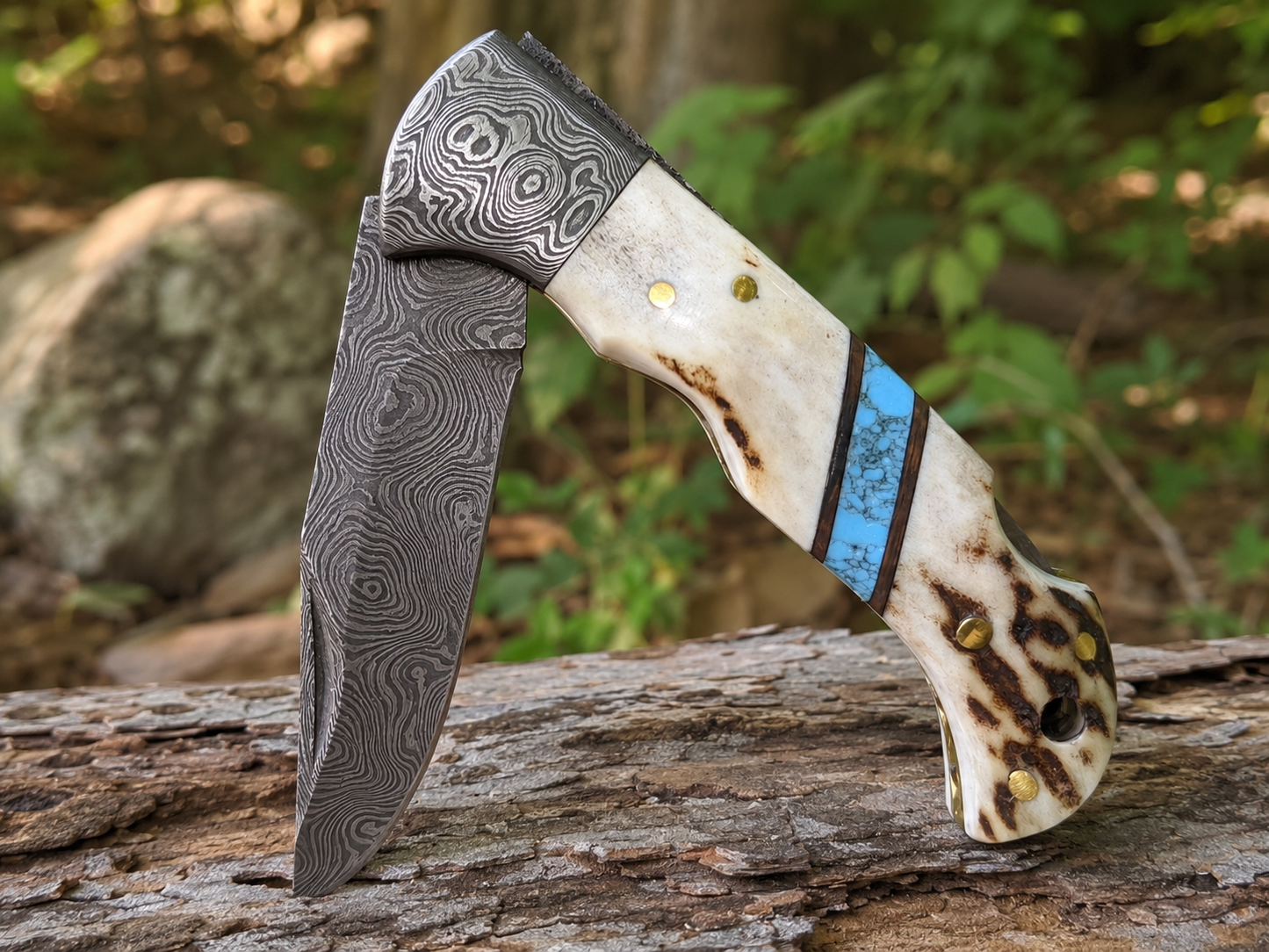 Engraved Damascus Pocket Folding Knife - Deer Antler Blue Turquoise Handle