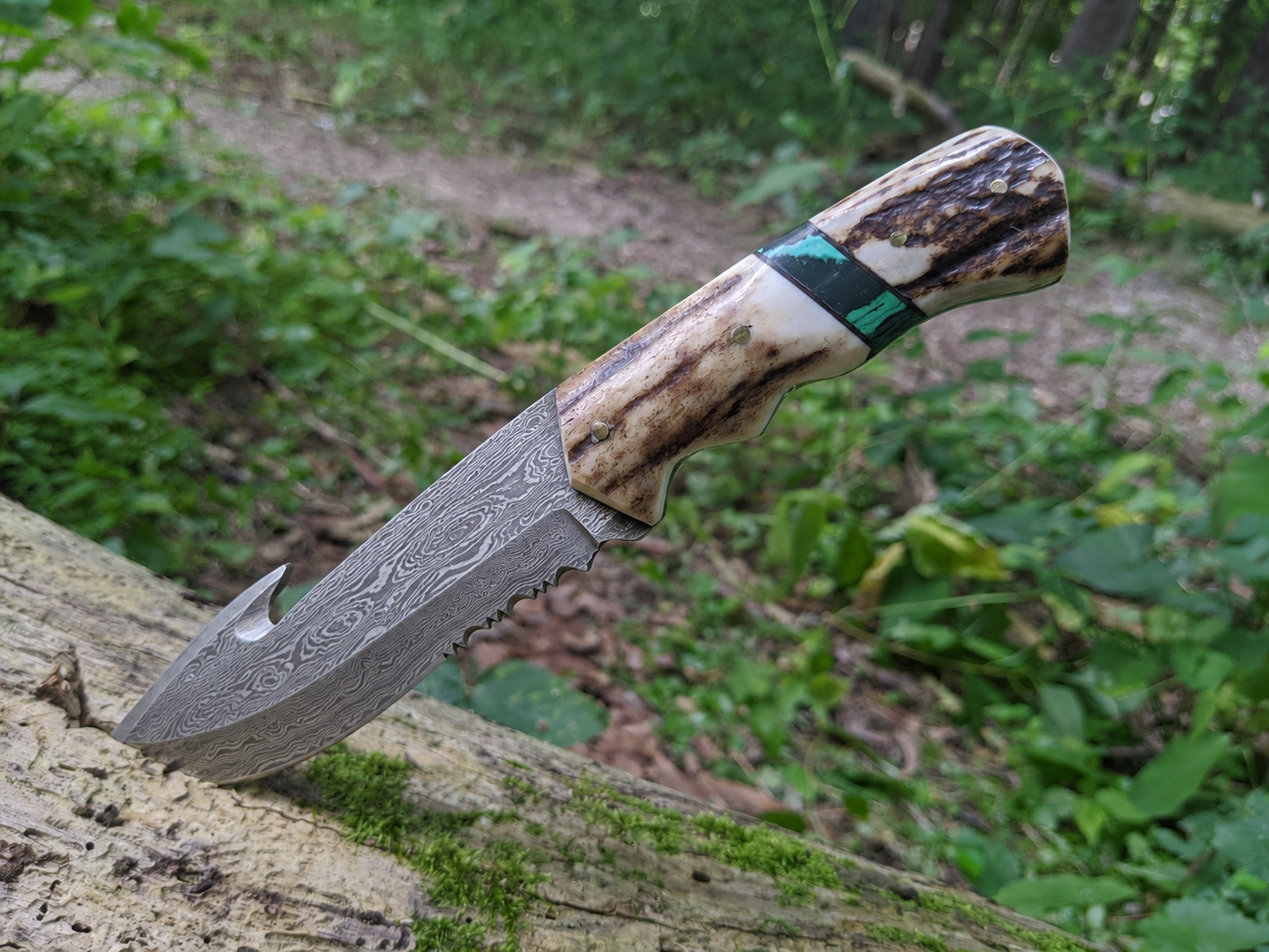 Engraved Damascus Hunting Knife Green Malachite Antler Handle