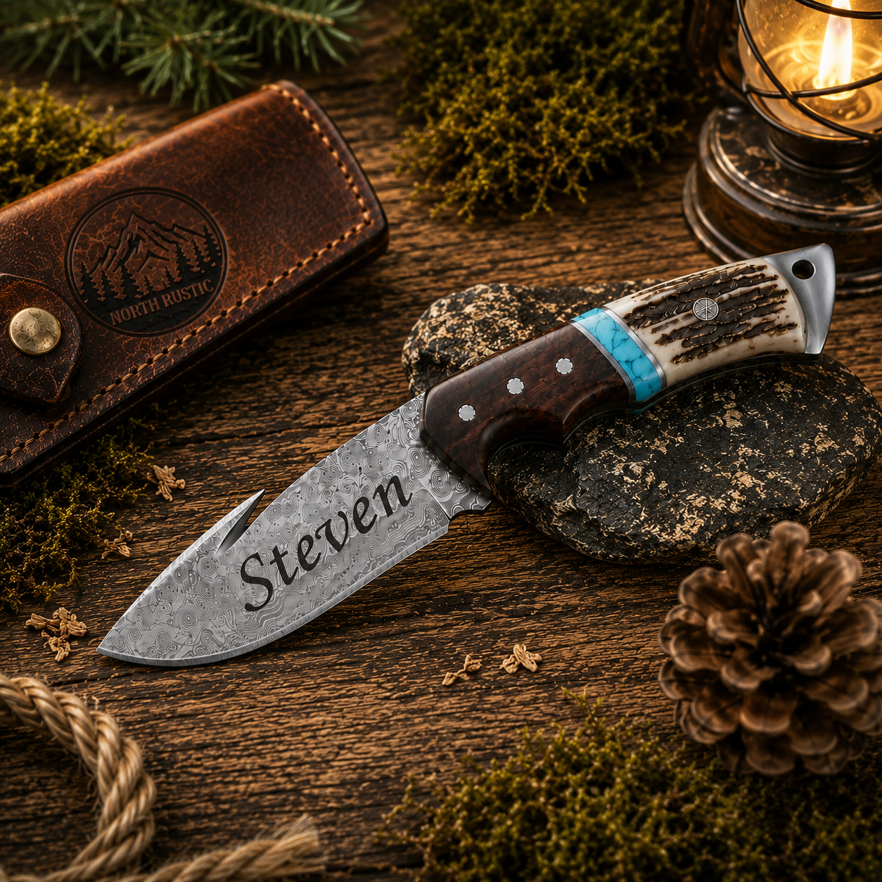 Deer Antler & Rosewood Handle Damascus 9.5" Hunting Knife Blue Turquoise