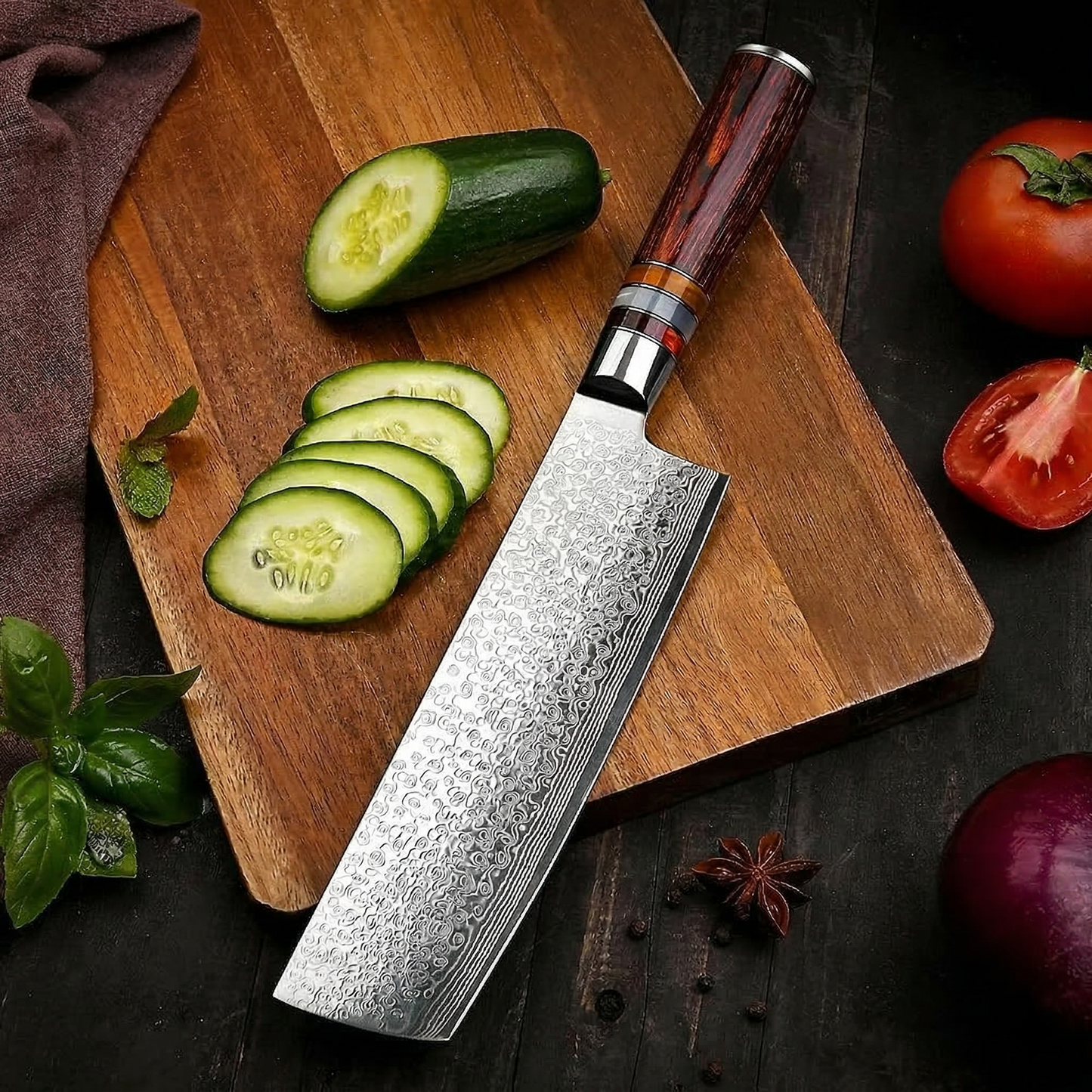 7" Nakiri Chopper Kitchen Knife Engraved Damascus Pakka Wood Handle