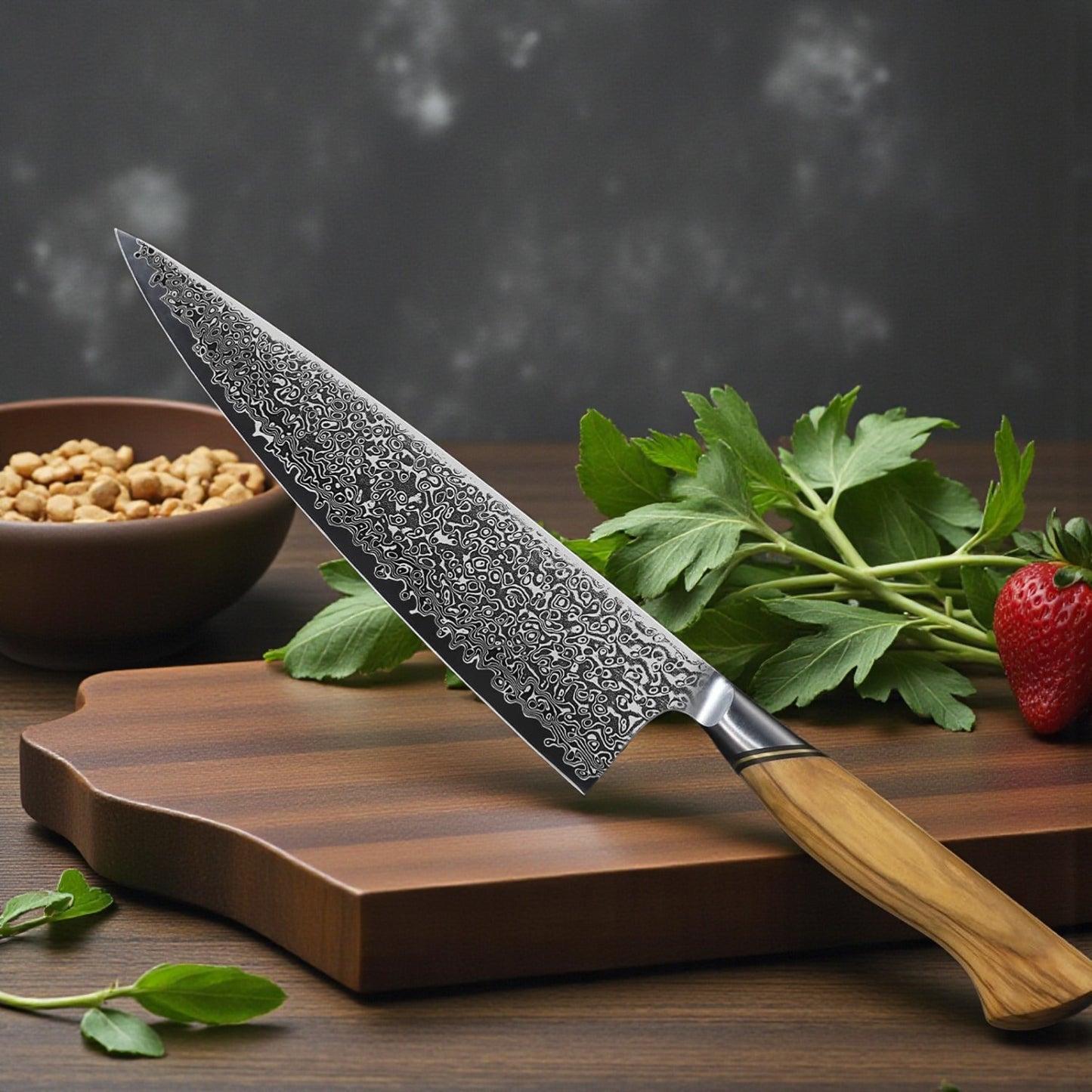 Engraved 10" Damascus Chef Guyto Knife Kitchen Olive Wood Handle