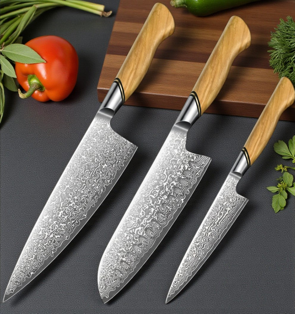 Engraved Damascus Chef Knife Set Kitchen Olive Wood Handle