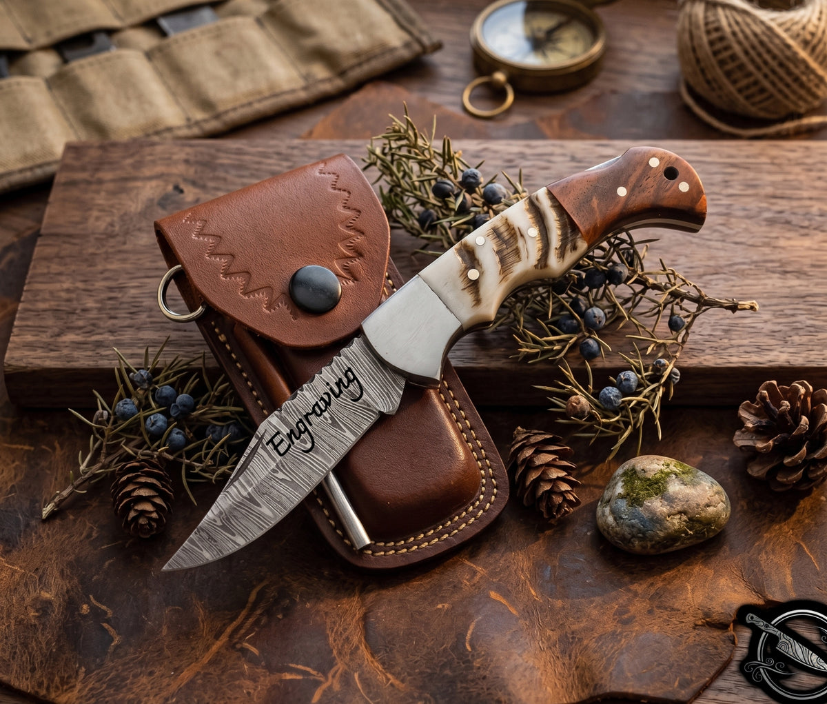 Ram Horn & Rosewood Handle 6.5" Damascus Pocket Knife