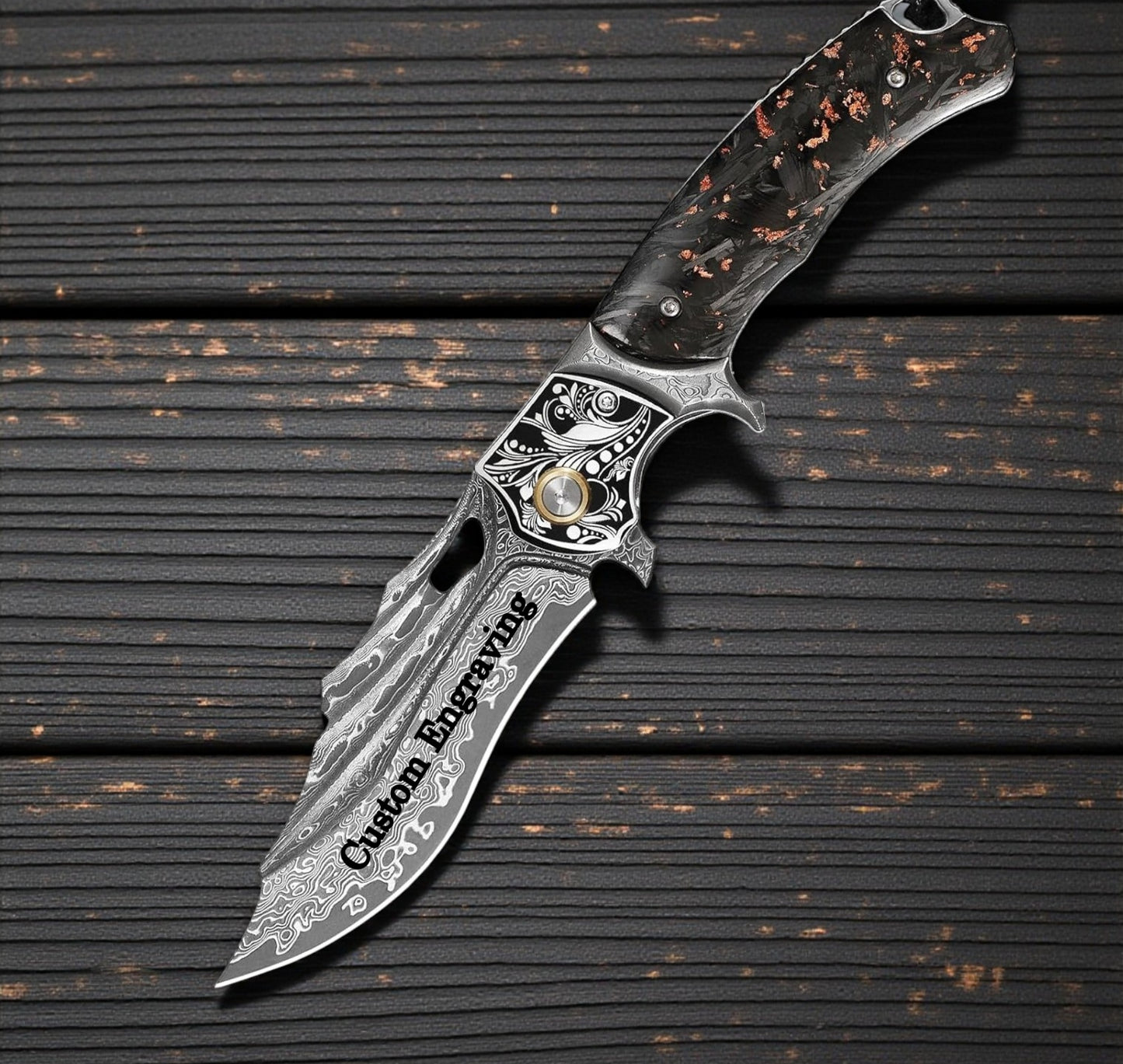 Gold Flake Damascus Pocket Knife Wave Pattern Engraved