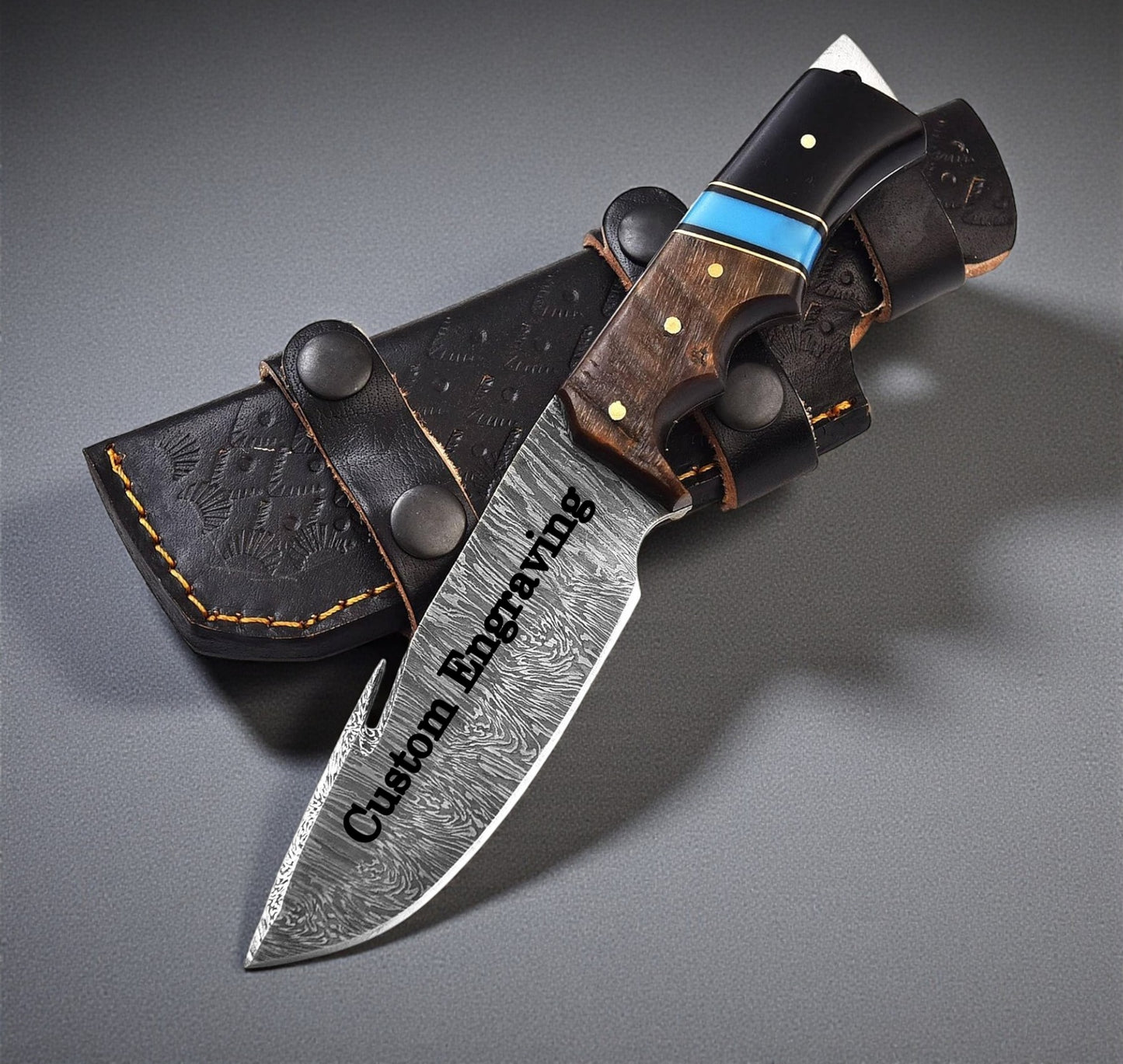 Engraved Damascus Hunting Knife with Ram and Bull Horn and Blue Turquoise Handle