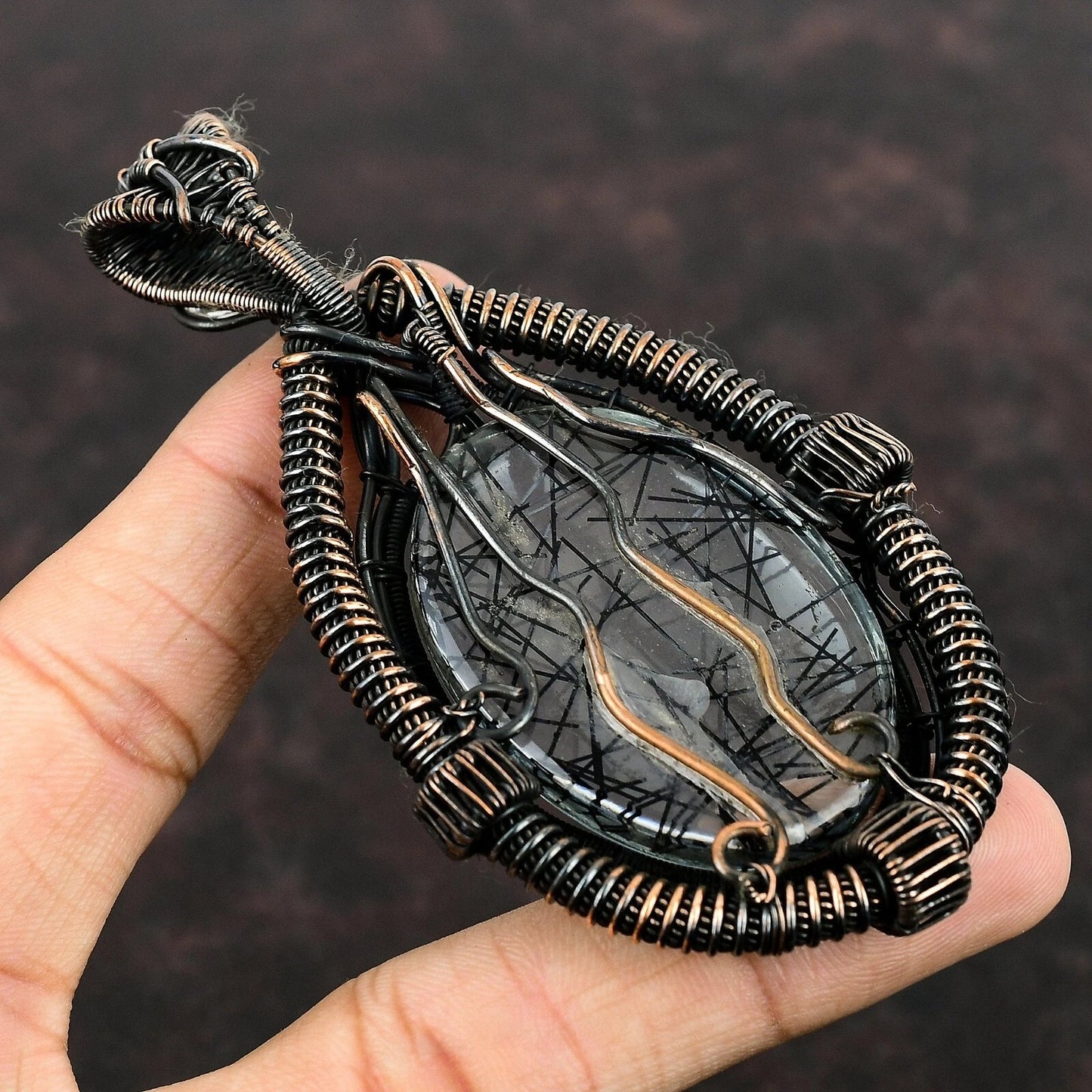 Wire Wrapped Necklace With Black Rutile Pendant