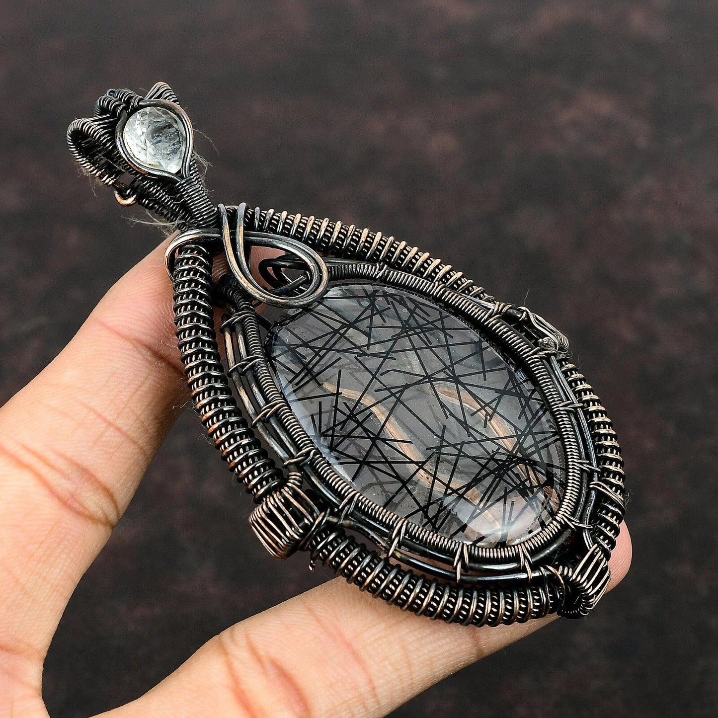 Wire Wrapped Necklace With Black Rutile Pendant