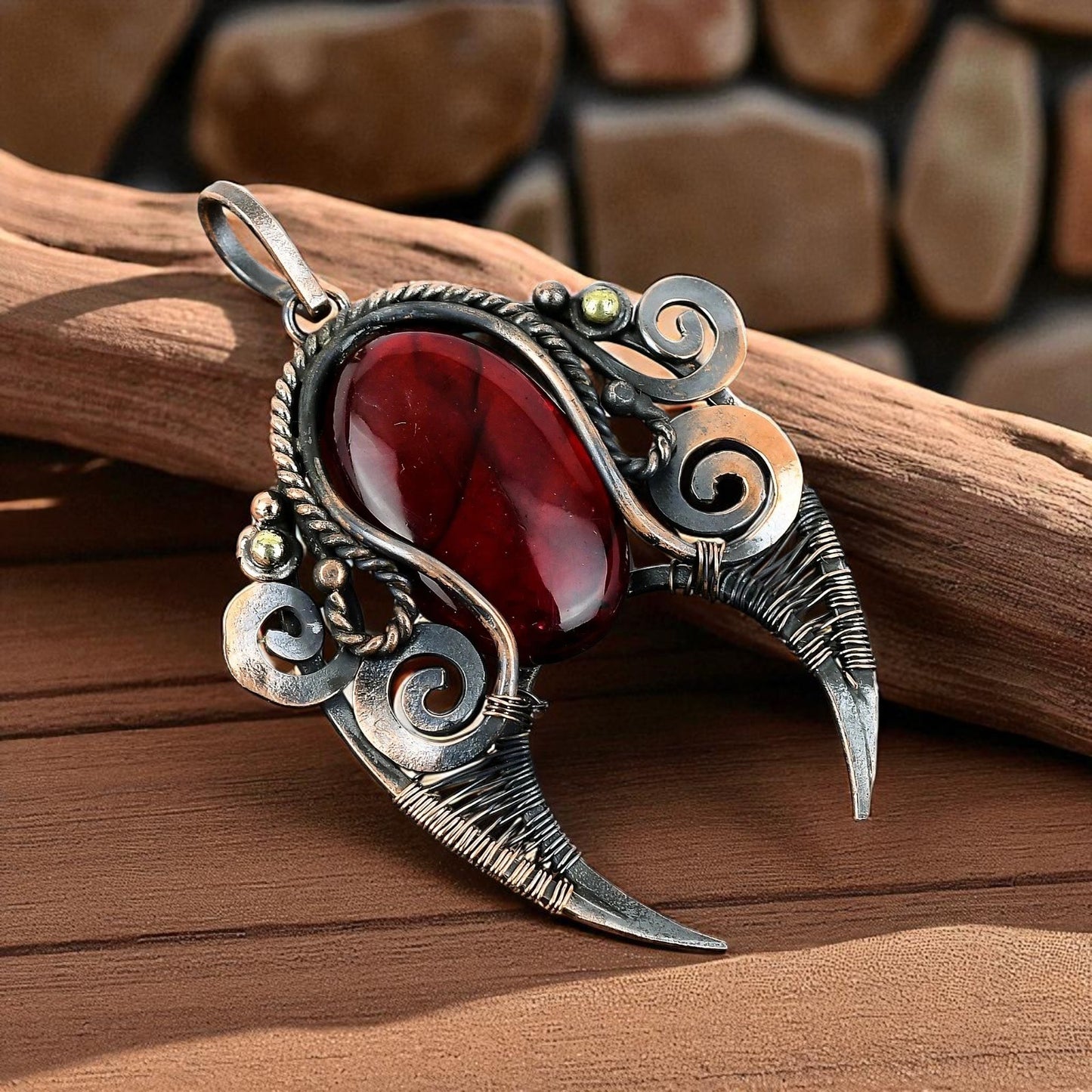 Wire Wrapped Red Labradorite Pendant 20" Necklace
