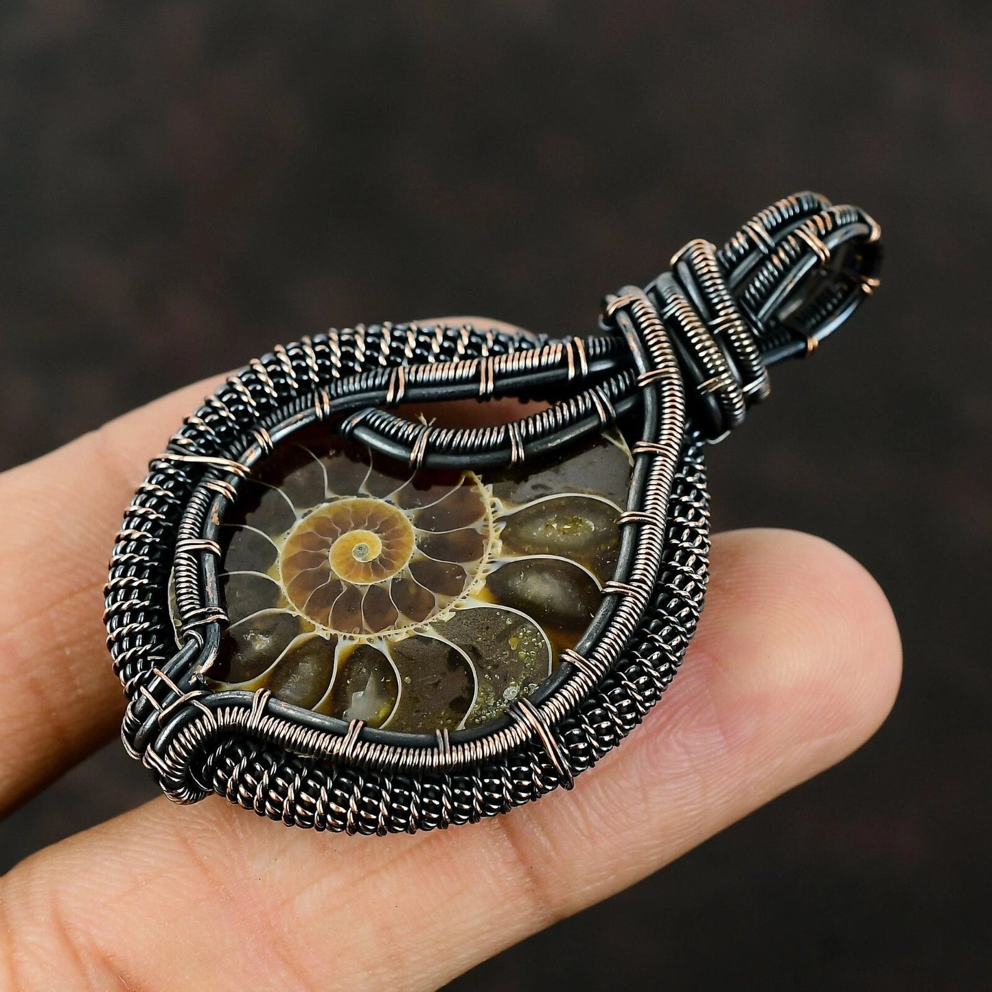 Wire Wrapped Necklace With Ammonite Fossil Pendant