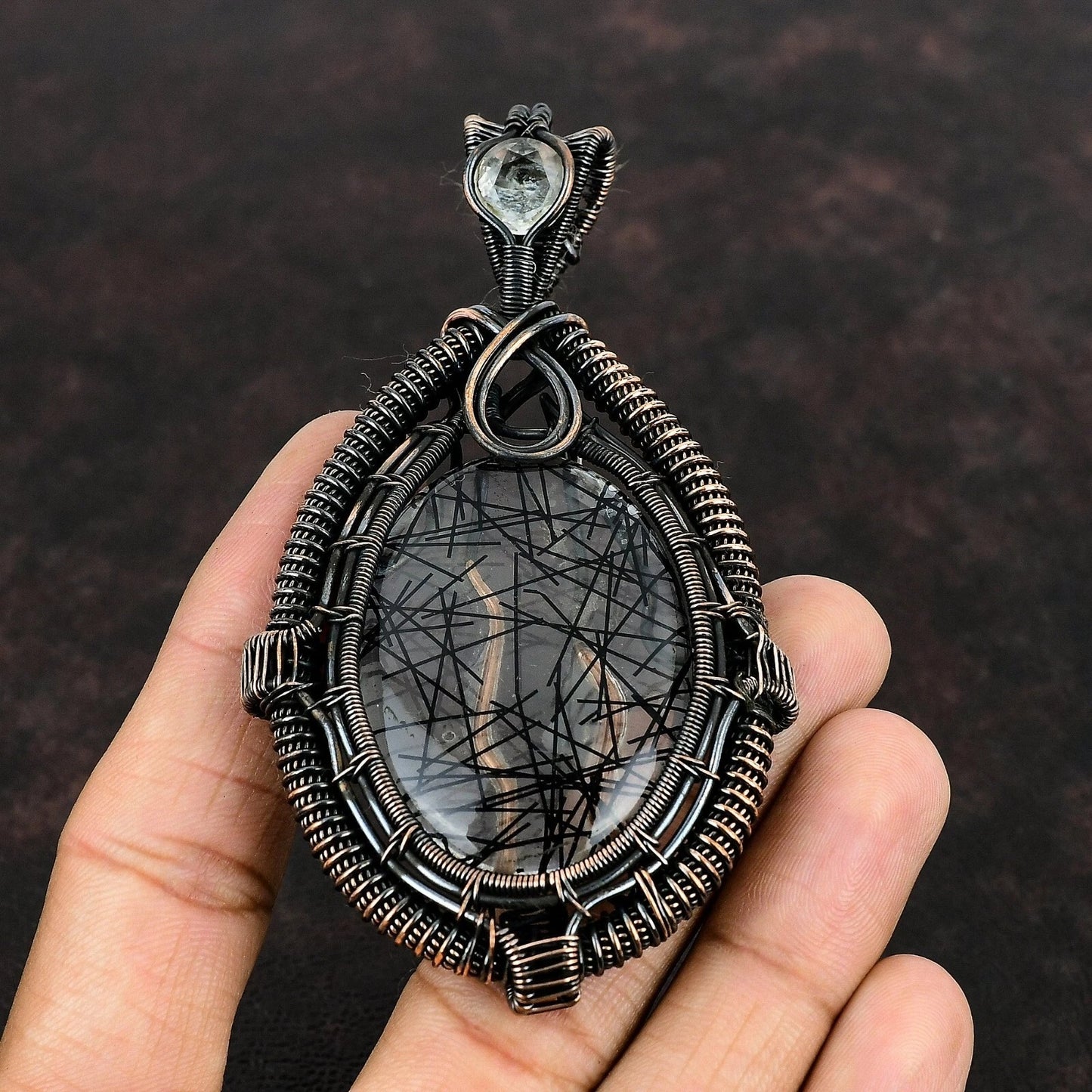 Wire Wrapped Necklace With Black Rutile Pendant