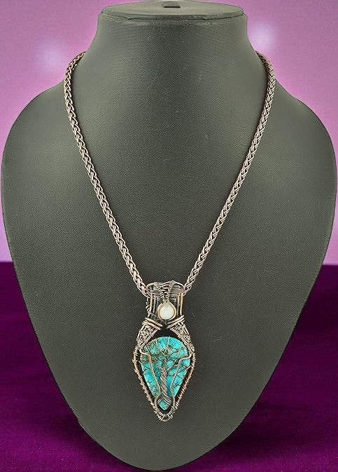 Wire Wrapped Necklace With Blue Turquoise Pendant