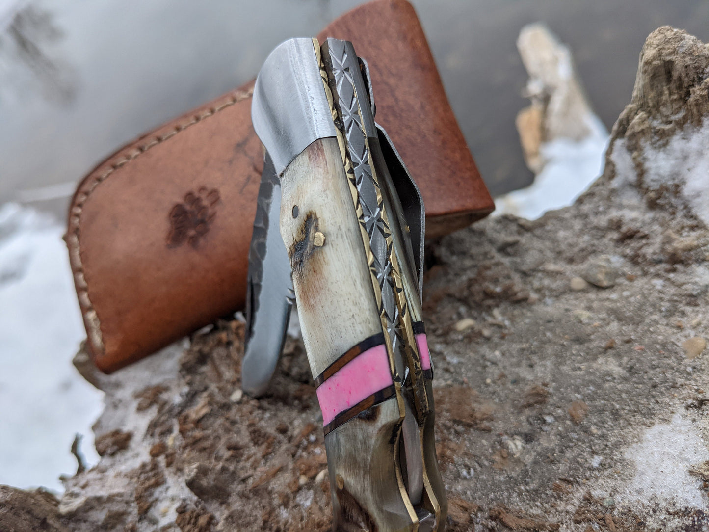 Engraved Pocket Knife | Ram Horn Knife | Pink Coral Knife | Personal Folding Engraving Gift | Hammered Ram Horn Knife | NR04-5