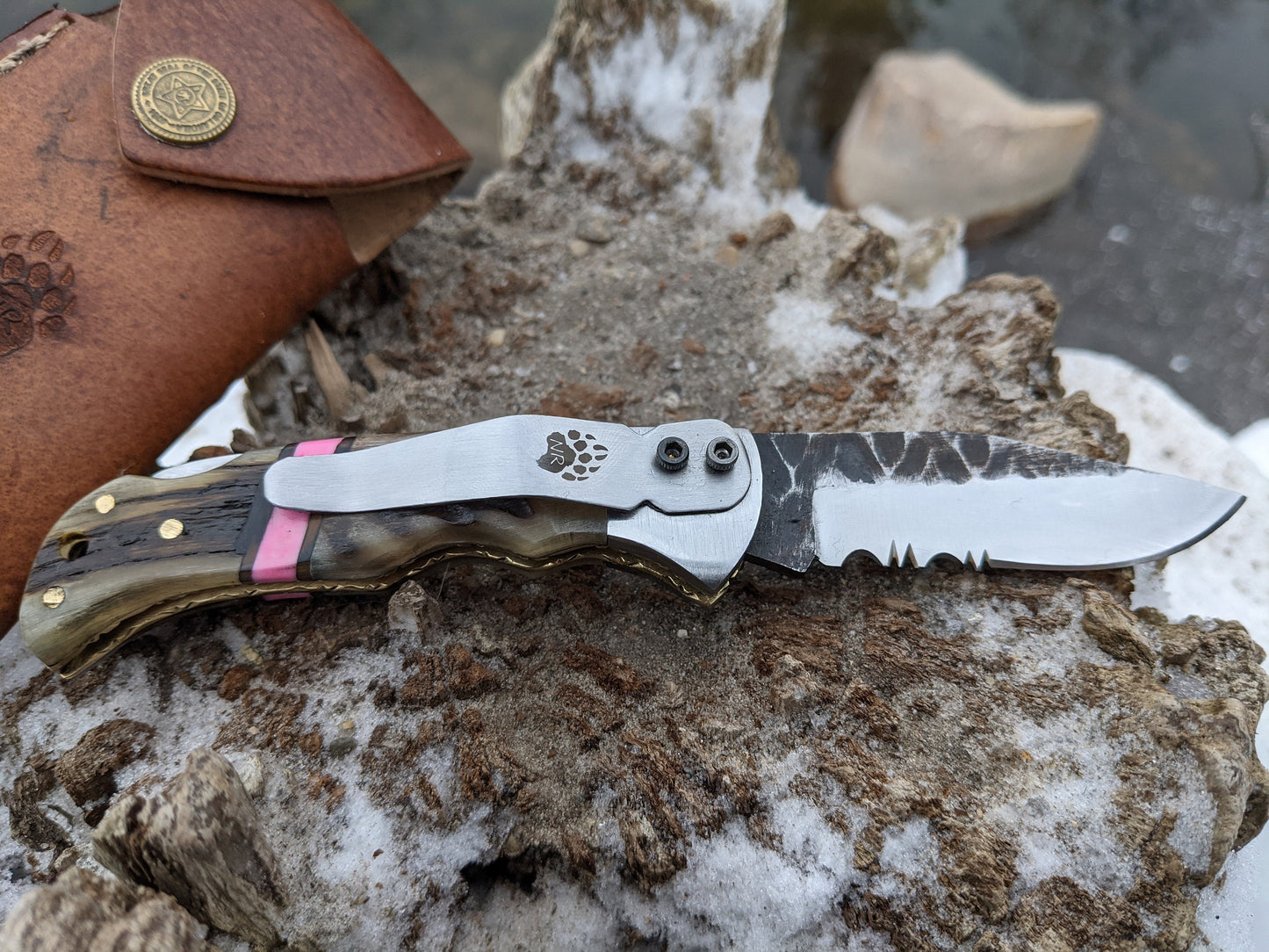Engraved Pocket Knife | Ram Horn Knife | Pink Coral Knife | Personal Folding Engraving Gift | Hammered Ram Horn Knife | NR04-5