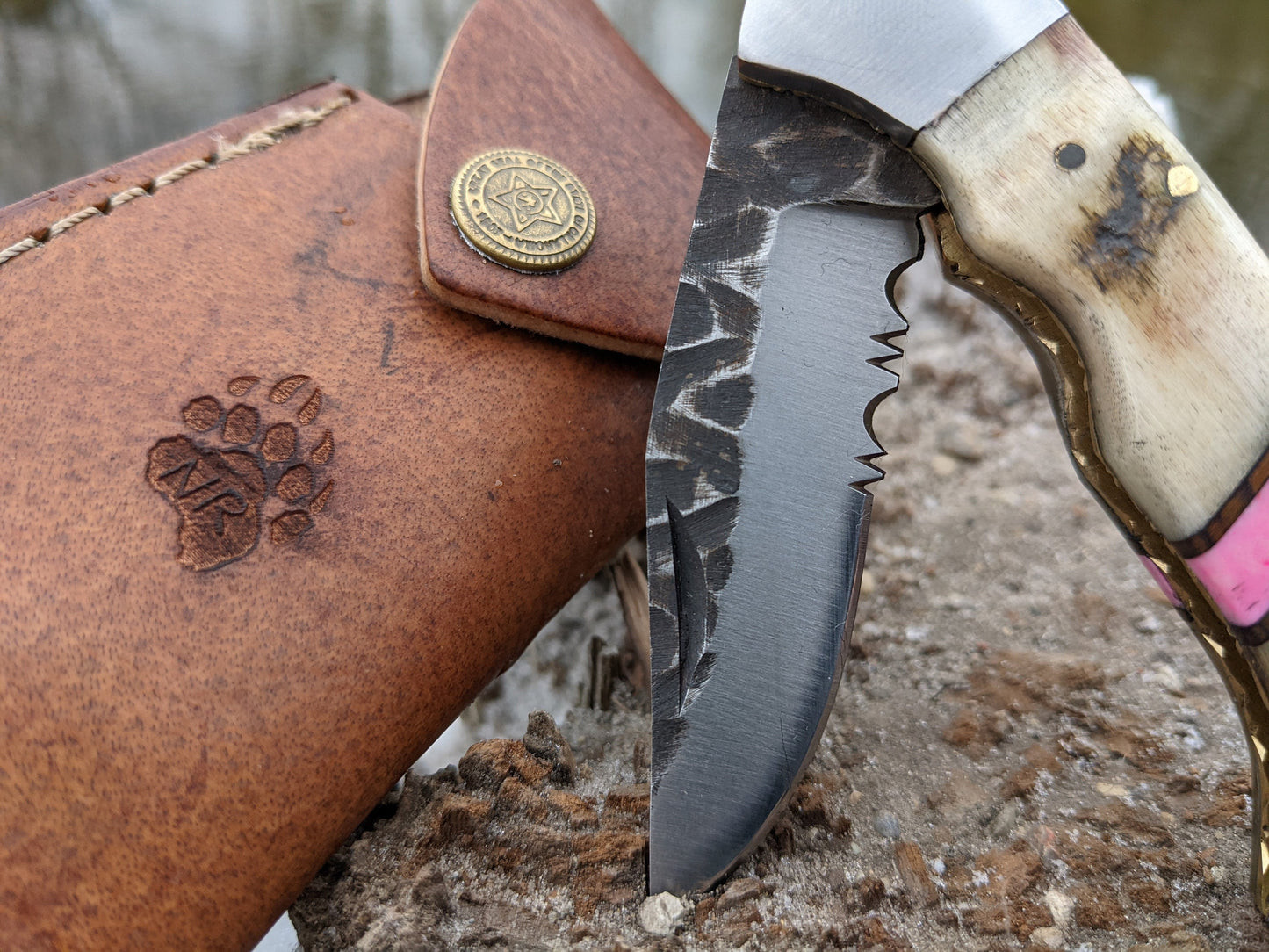 Engraved Pocket Knife | Ram Horn Knife | Pink Coral Knife | Personal Folding Engraving Gift | Hammered Ram Horn Knife | NR04-5