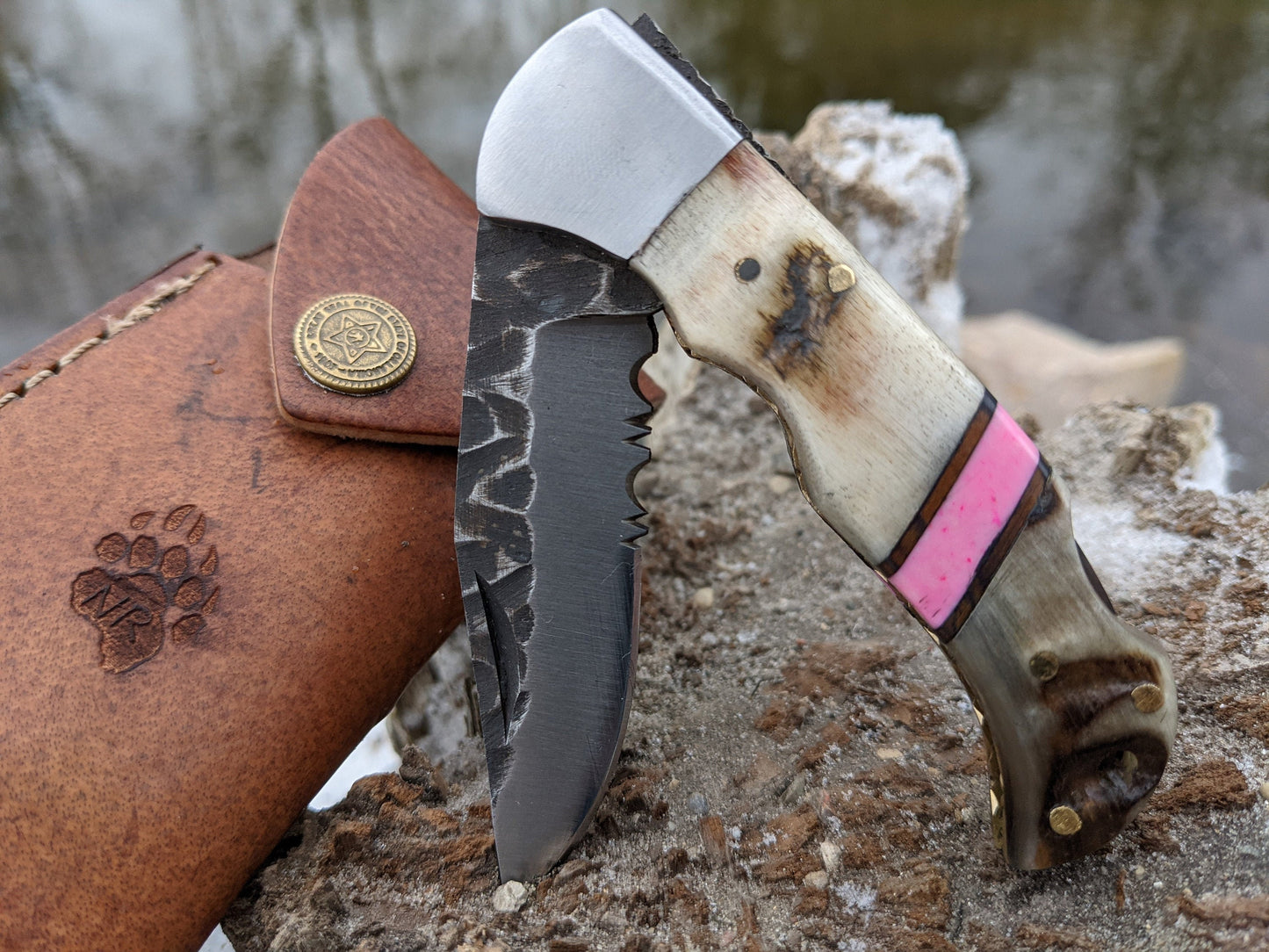 Engraved Pocket Knife | Ram Horn Knife | Pink Coral Knife | Personal Folding Engraving Gift | Hammered Ram Horn Knife | NR04-5