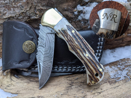 Deer Antler Handle 6.5" Damascus Pocket Knife