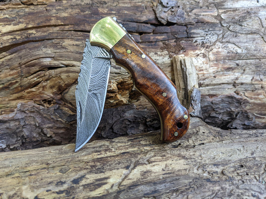 Damascus Folding Pocket Knife, Rose Wood Handle Knives, Groomsmen Anniversary Wedding Birthday Gift, Handmade Personalized Gift for Him NRW4