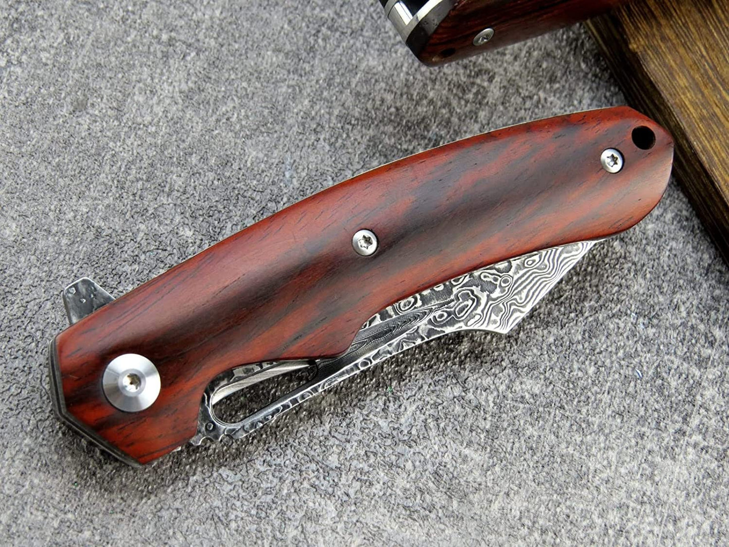 Engraved VG10 Damascus Folding Knife | Personalized Pocket Knife | Rose Wood Handle Knife | Wedding Husband Anniversary Father Gift VP13