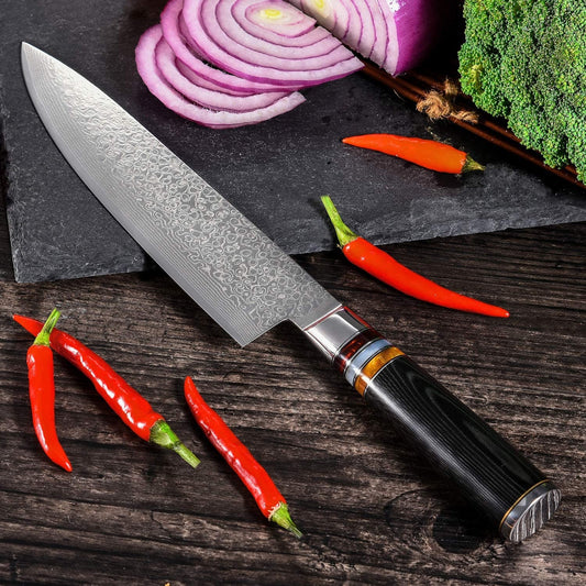 8" Engraved Chef Kitchen Knife Damascus Pakka Wood Handle