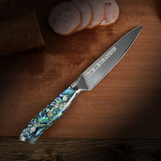 Engraved 5" Damascus VG10 Paring Chef Knife Kitchen Culinary Personalized Abalone Shells Knives Professional Premium Home Goods Utility VC16