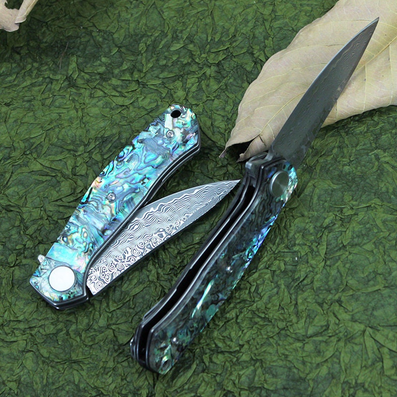 Abalone Shell Handle Damascus Pocket Knife