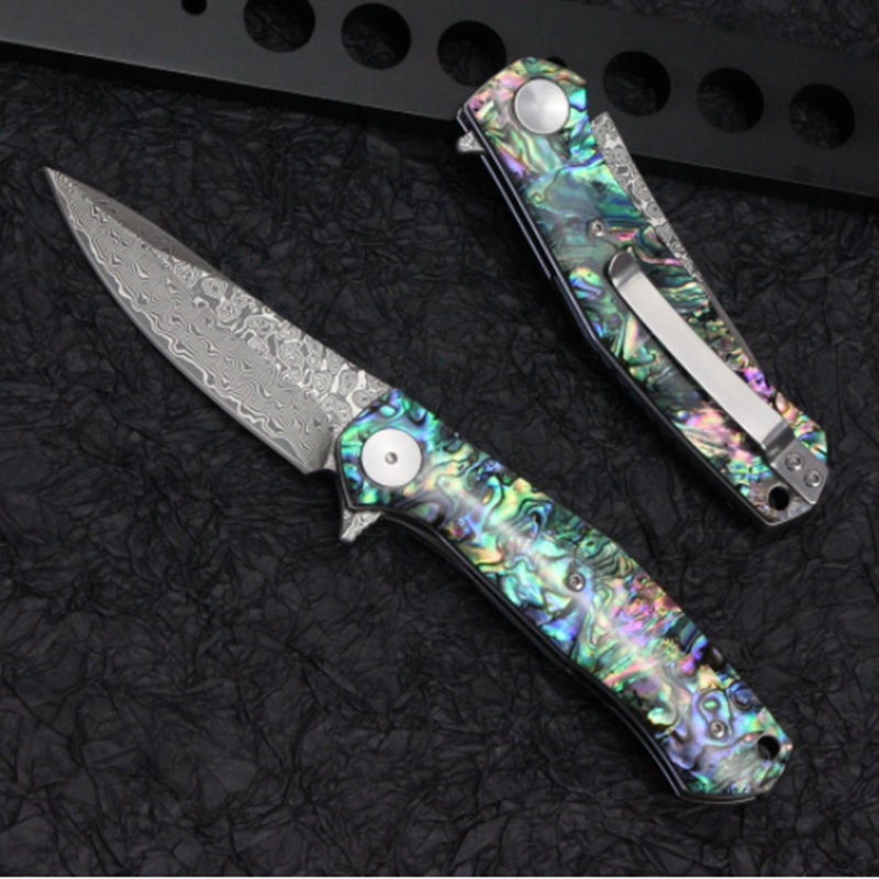 Abalone Shell Handle Damascus Pocket Knife