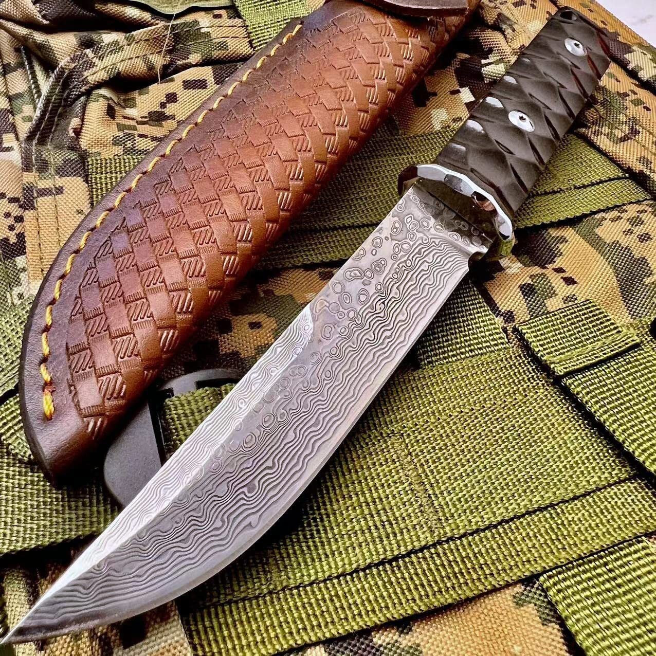 Engraved VG10 Damascus Hunting Knife, Ebony Wood Handle, Personalized Fixed Blade Knife, Personal Engraving Gift Custom Father Dad VE04