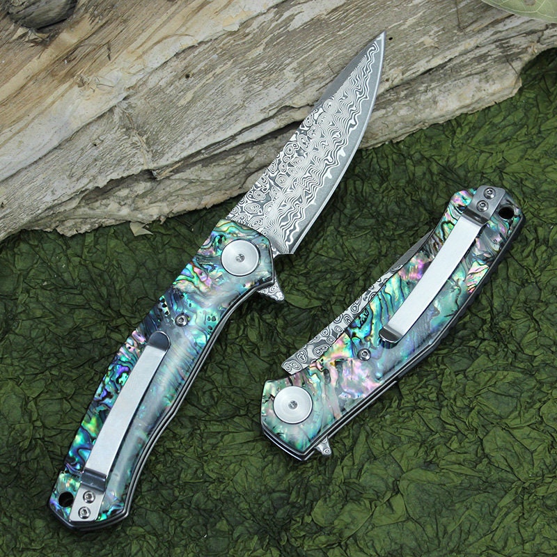 Abalone Shell Handle Damascus Pocket Knife