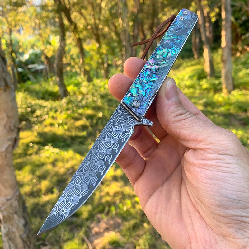 Abalone Damascus Pocket Knife, Personalized Engraving VG10 Blade, Engraved Folding Knife, Wedding Anniversary Groomsmen Gift | VP29