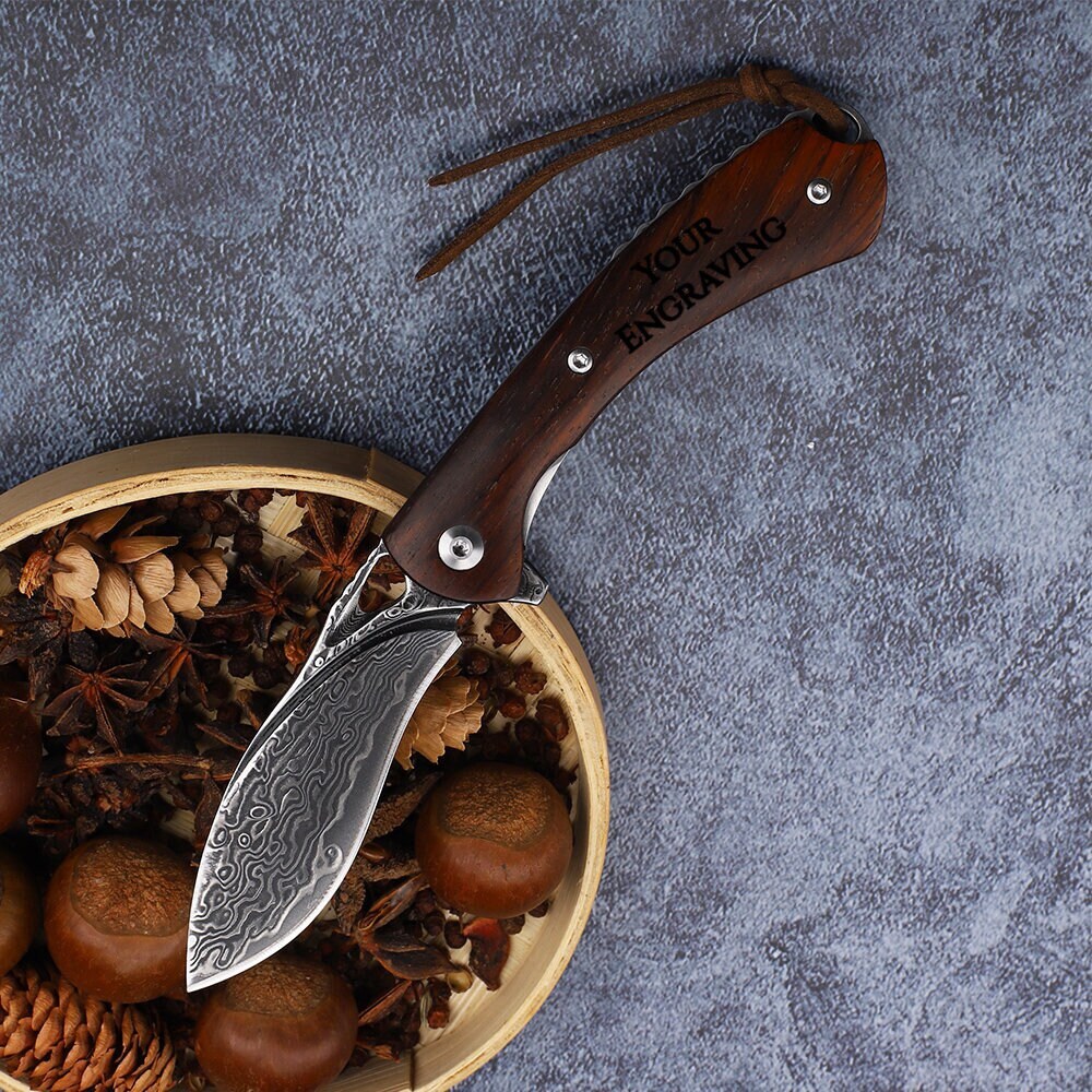 Custom Engraved Damascus Pocket Knife - Unique Personalized Gift For Him - Wedding Groomsmen Gifts - Husband Gift For Anniversary