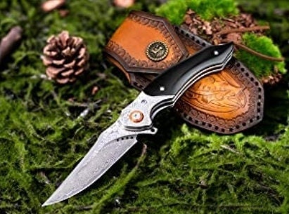 Ebony Sandal Wood Handle 7.8" Damascus Folding Knife