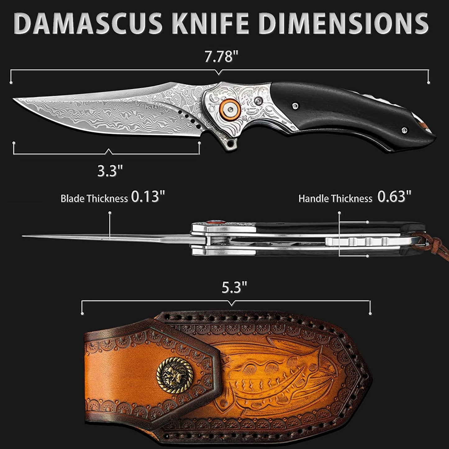 Ebony Sandal Wood Handle 7.8" Damascus Folding Knife