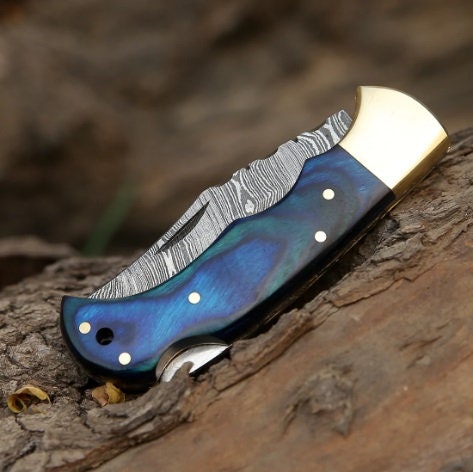 Damascus Folding Knife 6.5" Blue Pakka Wood Handle