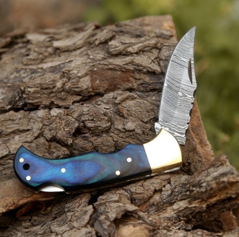 Damascus Folding Knife 6.5" Blue Pakka Wood Handle