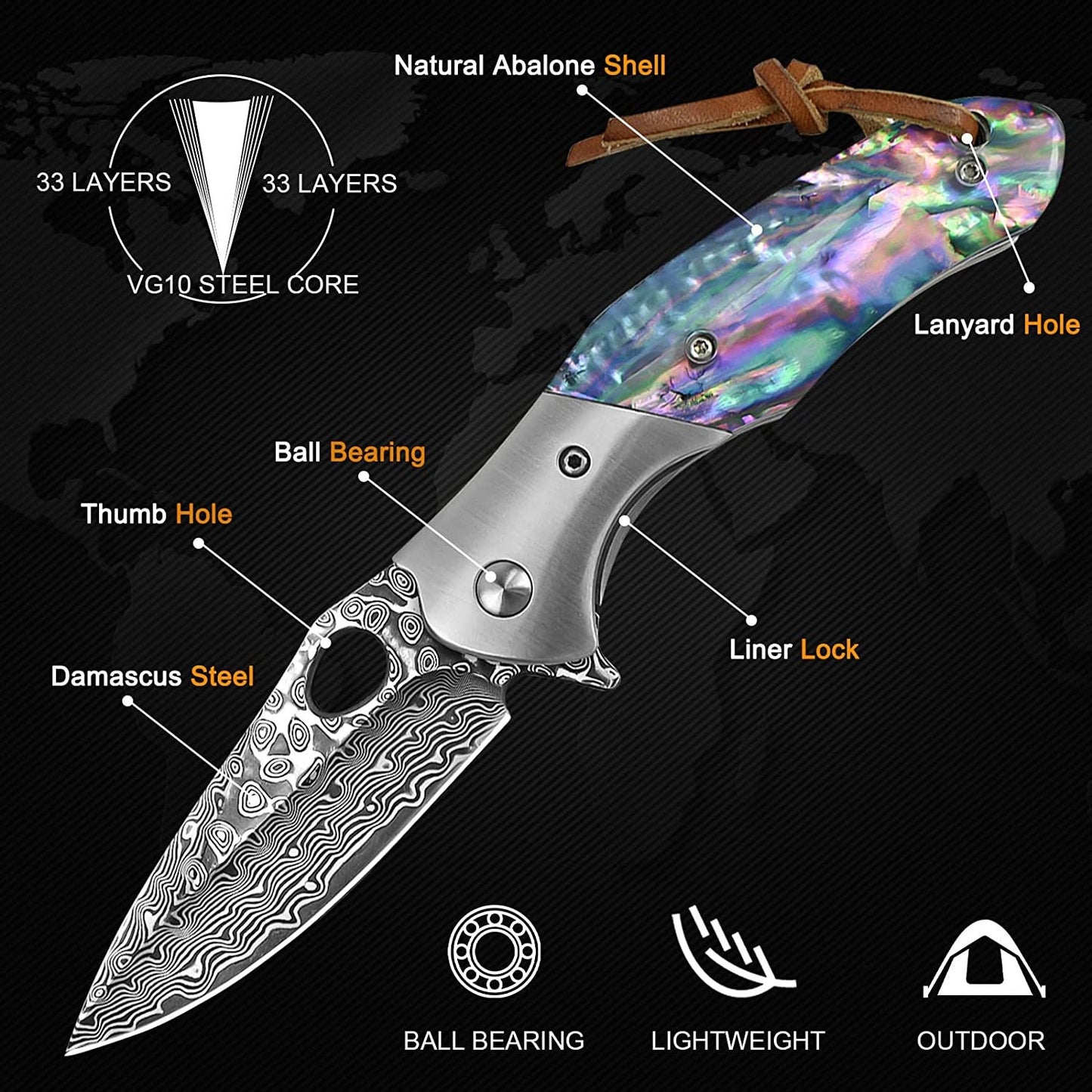 Abalone Handle 7.28" Damascus Folding Knife