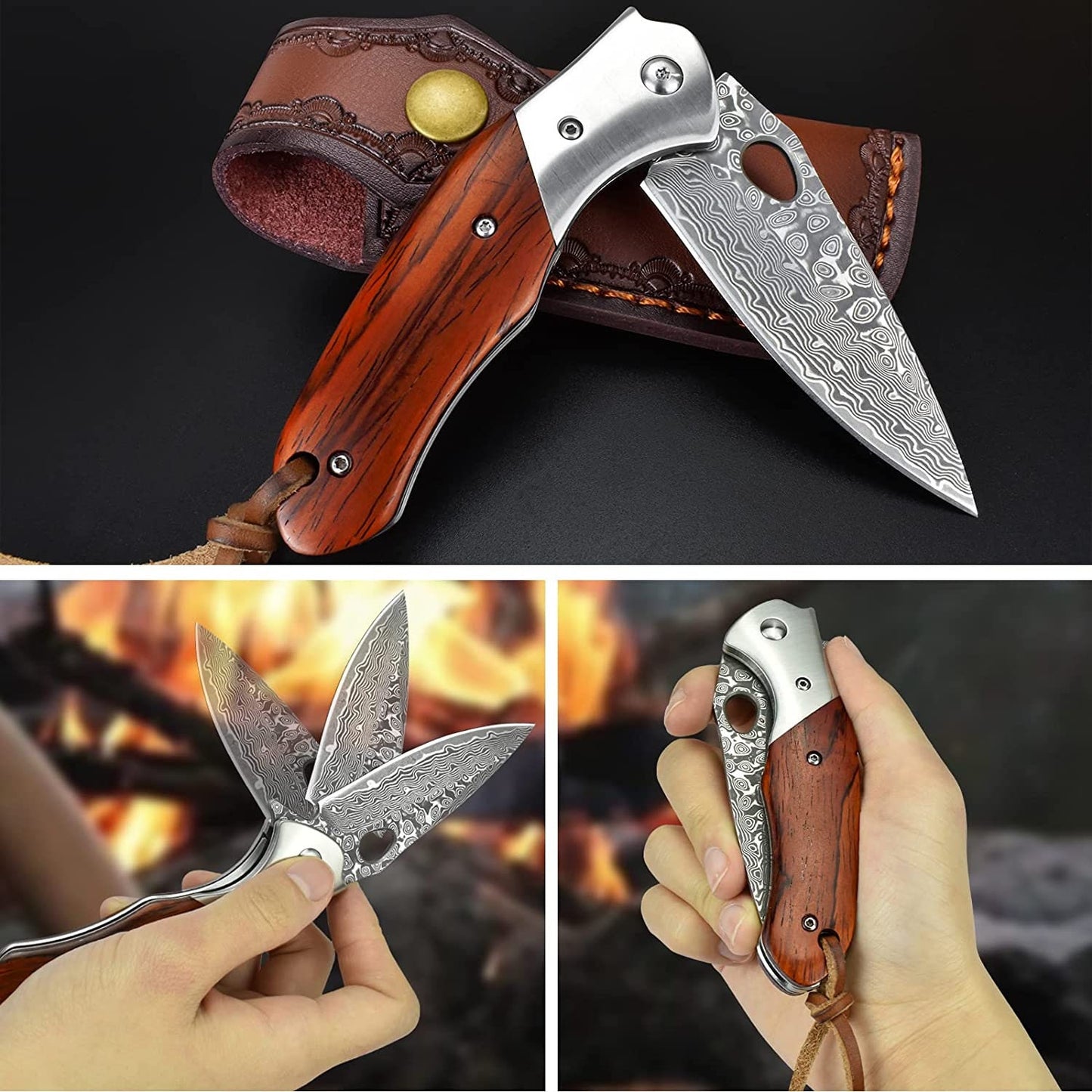 Rosewood Handle 7.28" Damascus Folding Knife