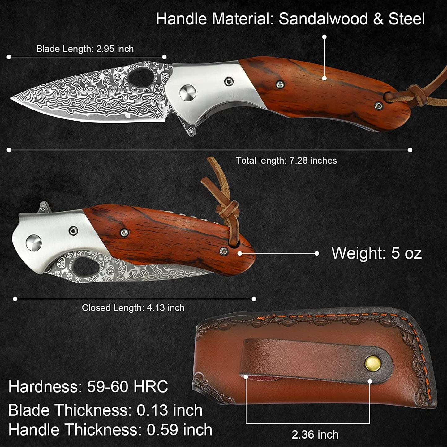 Rosewood Handle 7.28" Damascus Folding Knife