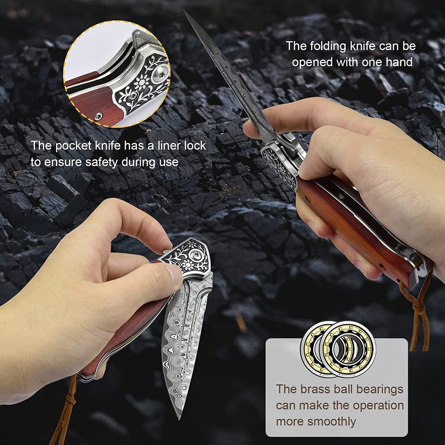 Engraved Damascus Pocket Knife, VG10 Personalized Folding Knife, Rose Wood Handle, Engraving Knives Wedding Groomsmen Dad Gift | VP112